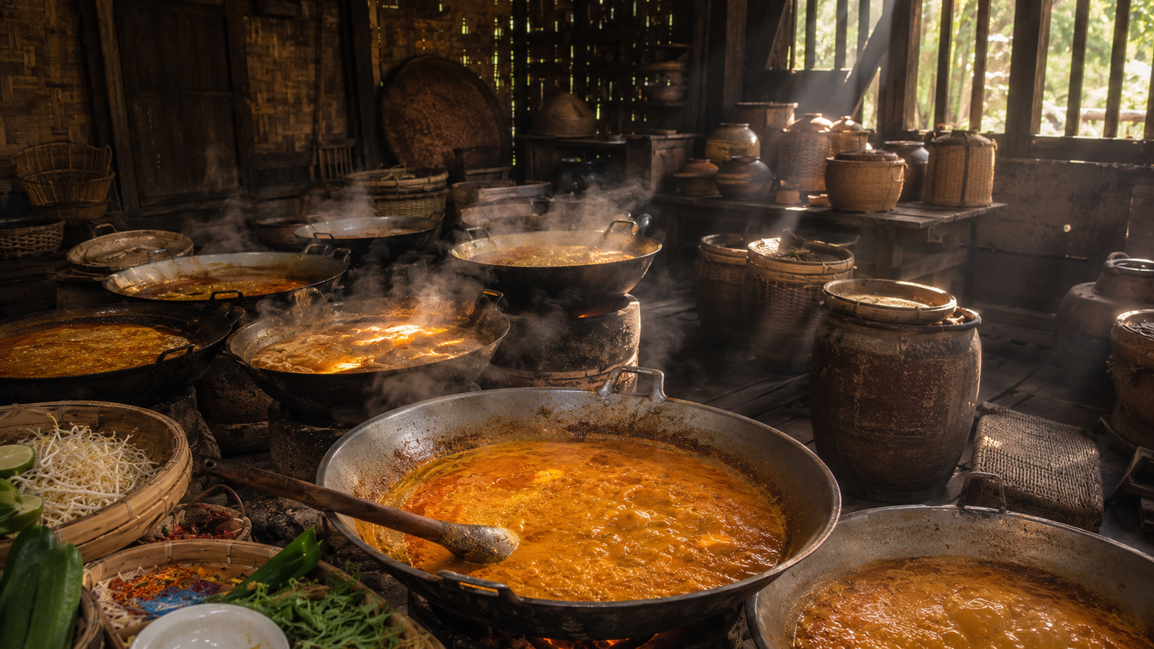 Broths simmering slowly in an old Northern Thai home kitchen